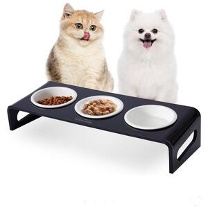 Tilted Raised Elevated Food & Water 3 Bowls Acrylic & Stand for Cat Small Dogs